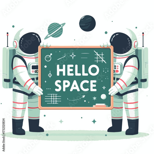 An astronaut carries a whiteboard with the words "Hello Space" written on it in a simple and minimalist flat design using a white background.