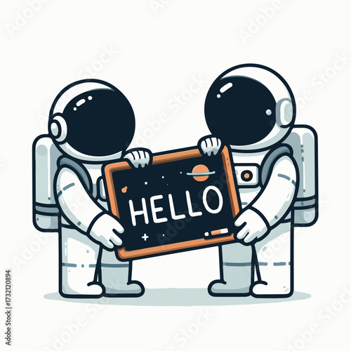 An astronaut carries a whiteboard with the words "Hello Space" written on it in a simple and minimalist flat design using a white background.