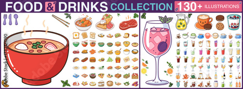 Colorful collection of food and drinks - 130 illustrations