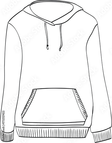 Hooded Sweatshirt Line Drawing with Front Pocket for Fashion Templates