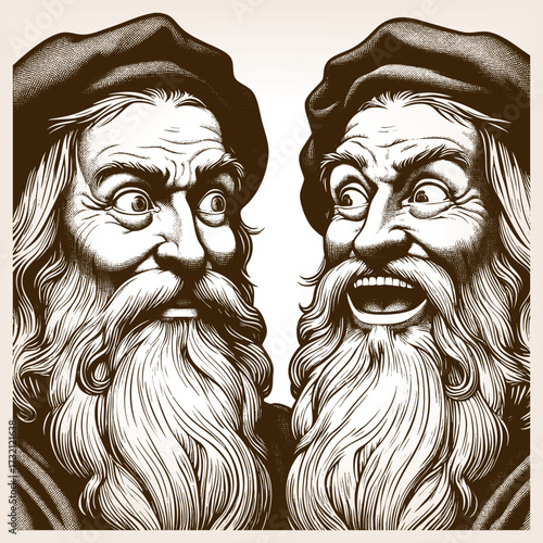 two elderly men with long beards and hats, facing each other with exaggerated expressive faces sketch engraving generative ai fictional character vector illustration. Scratch board. Black and white.