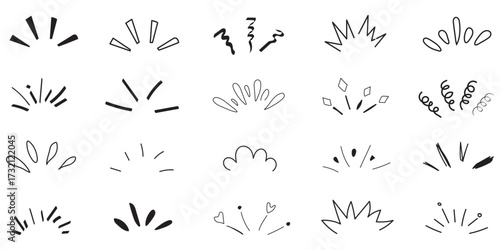 Doodle shine sunburst sparkle ray elements. Hand drawn pop surprise line frame for title headline illustration. Doodle vector illustration.