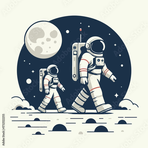 Astronaut walking on the surface of the moon with a simple and minimalist flat design using a white background.