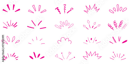Doodle shine sunburst sparkle ray elements. Hand drawn pop surprise line frame for title headline illustration. Doodle vector illustration.