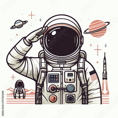 Astronaut salutes with one hand with a simple and minimalist flat design using a white background.