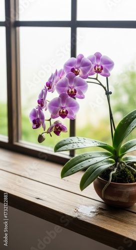 Elegant orchid plant in a pot on a wooden windowsill with natural light.