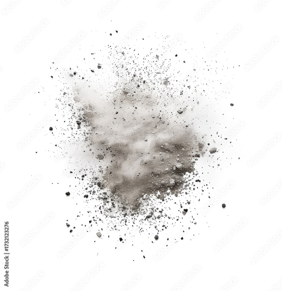 Obraz premium A grayscale image depicts a cloud of dust or powder exploding against a stark white background. The explosion is centrally located with particles scattering outwards