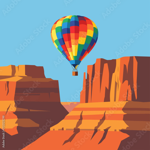 A kaleidoscopic hot air balloon drifts serenely above the warm, geometric cliffs of a stylized canyon under a clear blue sky.