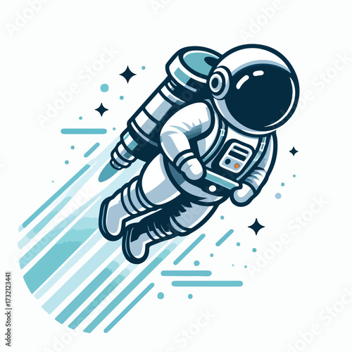 Astronaut flying with jetpack with simple and minimalist flat design using white background