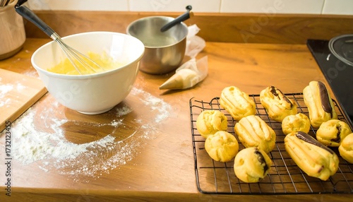 Baking ?clairs on a kitchen counter