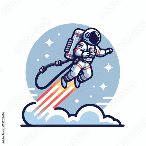 Astronaut flying with jetpack with simple and minimalist flat design using white background