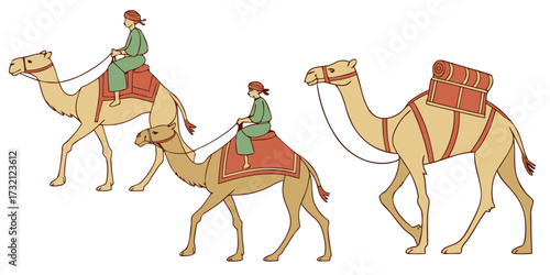 Caravan of camels with riders vector illustration of desert travel isolated on white background