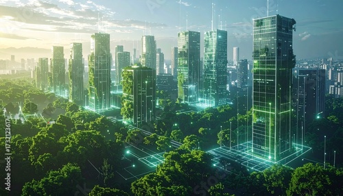 Eco-friendly smart city powered by renewable energy, glowing holographic grids connecting buildings
