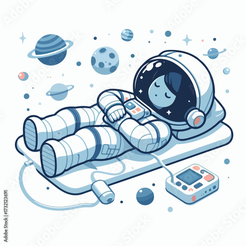 Astronaut sleeping floating in space with simple and minimalist flat design using white background