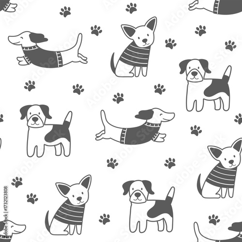 Seamless pattern with outline dogs. Vector illustration in doodle style. Cute dogs and paws on white background.