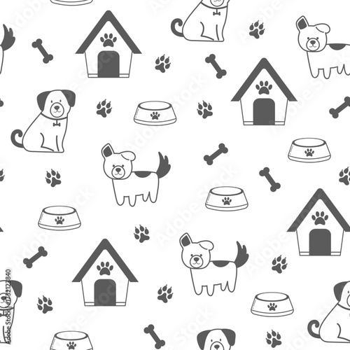 Seamless pattern with outline dogs. Vector illustration in doodle style. Cute dogs, doghouse, treats and bowl on white background. Pet background.