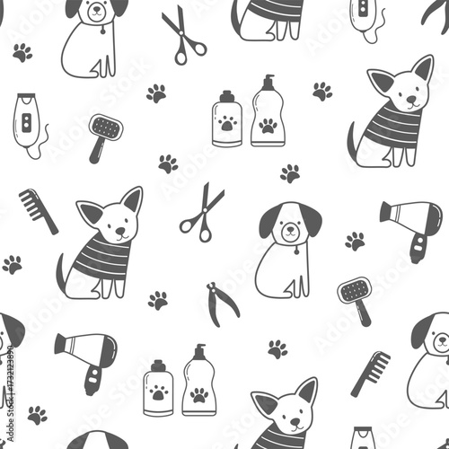 Seamless pattern with outline dogs. Dogs vector illustration in doodle style. Pet grooming, shampoo, comb, hair dryer, scissors. Cute dogs on white background.