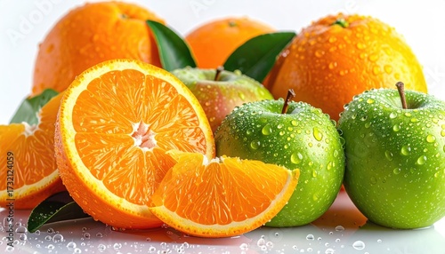 Freshly cut oranges and green apples, close-up