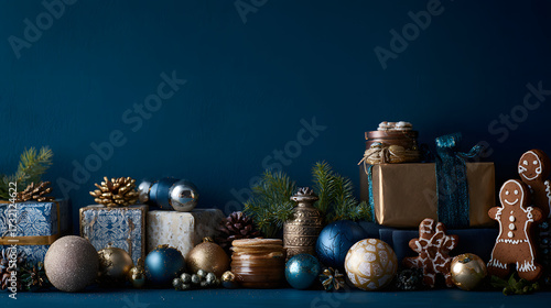 Festive Christmas Holiday Border with Gifts, Gingerbread, and Ornaments