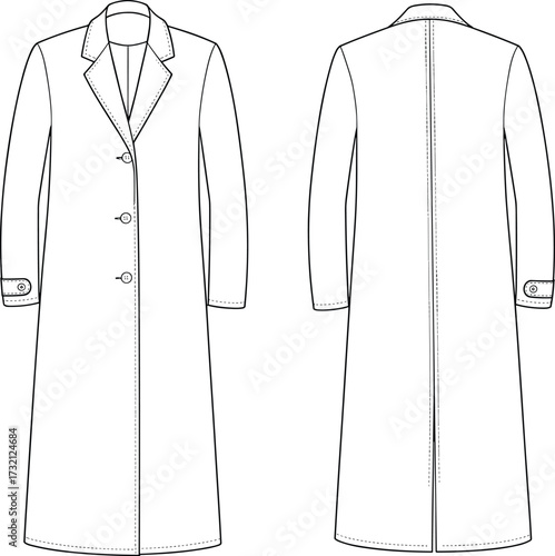 Classic long tailored overcoat fashion flat sketch with button front detailing and structured lapel collar design template