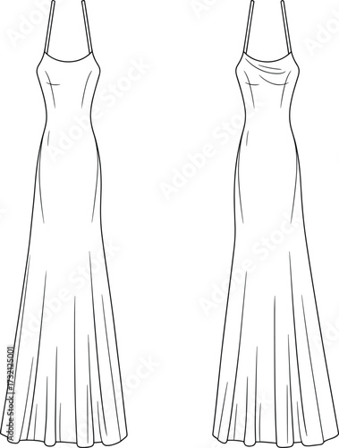 Elegant long evening slip dress fashion flat sketch with spaghetti straps, cowl neck, flared hemline, and minimalist line drawing design