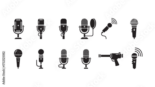 Set of microphone icons retro and modern styles vector glyphs for podcasting and audio recording applications