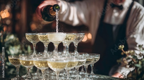 Champagne being poured into a tower of glasses