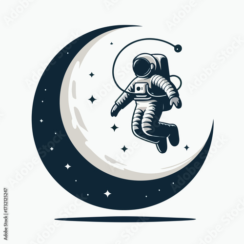 Astronaut floating above the crescent moon with a simple and minimalist flat design using a white background.