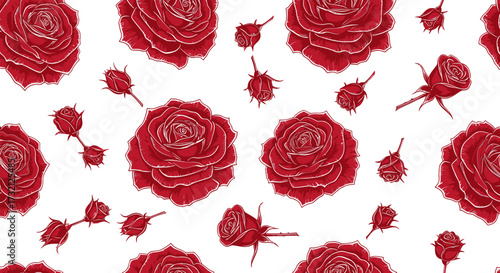 Red rose pattern. Several roses and buds are scattered. White background
