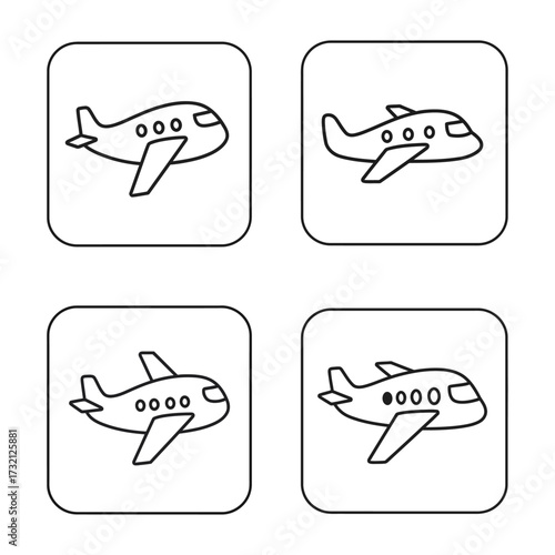 Four outlined airplane icons inside rounded square frames. Clean, simple line art suitable for travel apps, airline branding, and educational materials. Modern, versatile visuals for icons and UI desi