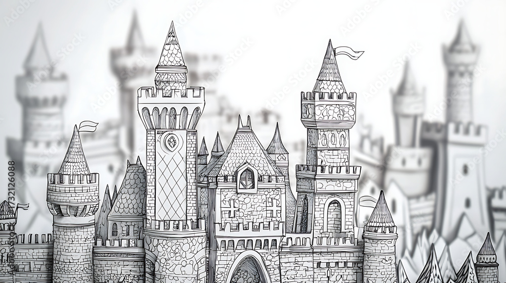 Fototapeta premium Detailed black and white illustration of a medieval castle with intricate architectural details, towers and flags