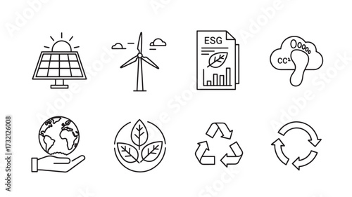 Set of environmental and sustainability icons clean line vector symbols for ESG reporting isolated on white background