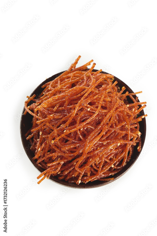 Fototapeta premium Handmade Shredded Chorizo Sausage - Traditional Spanish Dried Meat Snack in Bowl
