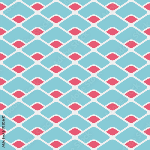 Seamless vector pattern. Geometric vector color background. Scales pattern. Regular repeating geometric shapes background. Stylish texture. Pastel blue and red color rhombuses with rounded corners.