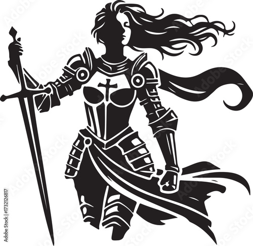 Vector art of brave female knight in armor holding sword