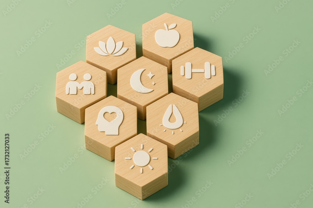 Obraz premium Wellness Icons on Wooden Hexagons