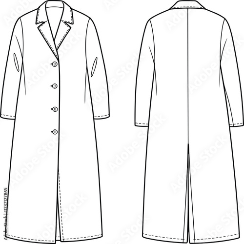 Fashion flat sketch of women’s long overcoat with notch lapel collar, button closure, long sleeves, front and back technical view