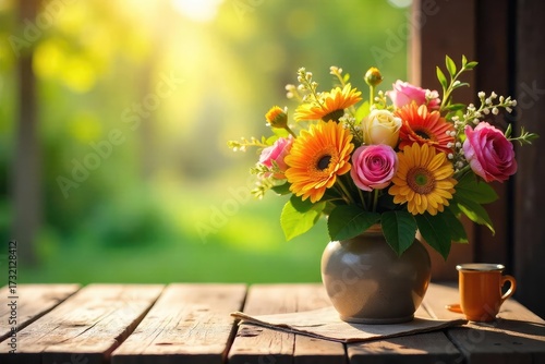Wallpaper Mural Sunlit Rustic Table with Vibrant Flower Bouquet, Tranquil Monday Morning Still Life, Fresh Start, Peaceful Scene Torontodigital.ca