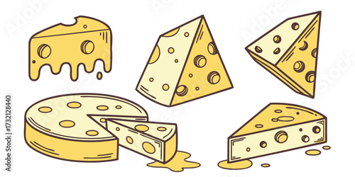 Collection of cartoon cheese illustrations various shapes and styles vector design elements for food related projects
