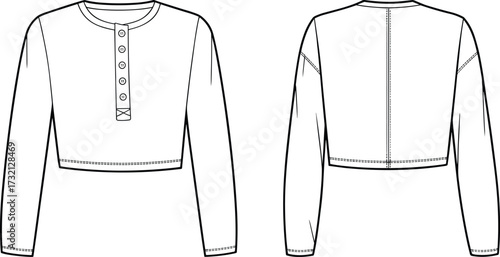 Fashion technical flat sketch of cropped women’s long sleeve top with button placket front, round neckline, and detailed back view