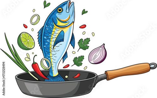 Fresh fish being prepared with colorful ingredients in a pan perfect for healthy eating projects
