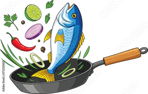 Fresh fish getting ready to be cooked in a pan with chili and herbs for a tasty meal