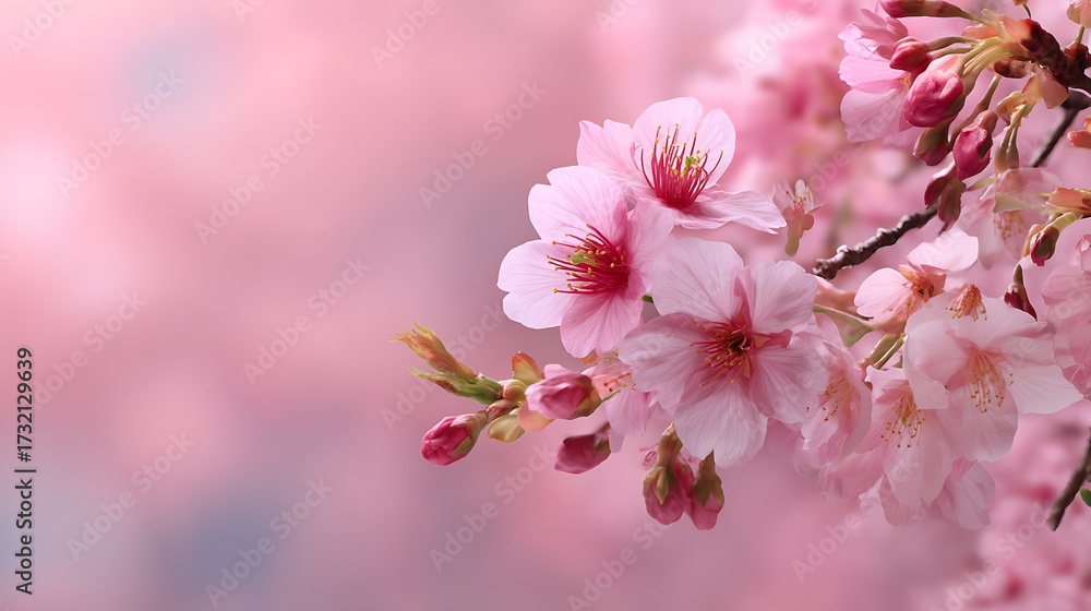 Naklejka premium Delicate pink cherry blossoms blooming on a branch with a soft bokeh background