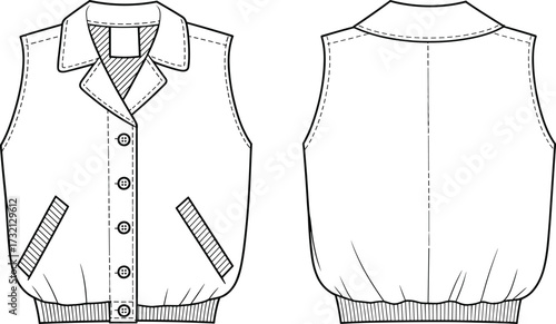 Flat fashion technical sketch vector of sleeveless buttoned vest with collar, pockets, ribbed hem, front and back garment illustration