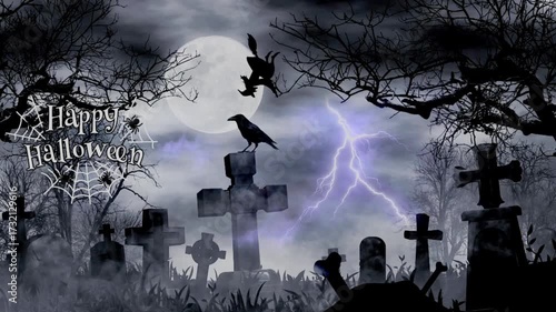 Happy halloween graveyard scene with a full moon, witch, and crow on a tombstone