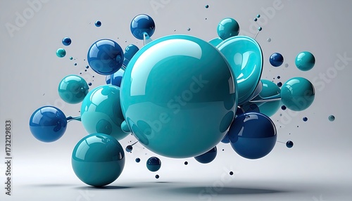 A 3D rendering of glossy spheres in teal and dark blue, interconnected by thin lines, against a neutral backdrop.  The spheres vary in size, creating a dynamic, abstract composition