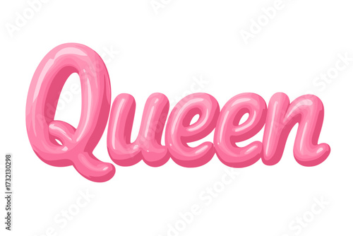 Queen 3d pink balloon text. Girly decorative render in bubble gum style. Vector lettering for feminist, bachelorette party, or princess themes. Isolated inflatable font.