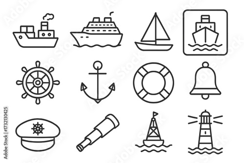 Nautical line icon set. Sea, boat, and marine symbols collection. Vector outline icons of ship, anchor, lighthouse, wheel, sailboat for web design, UI, and mobile apps.
