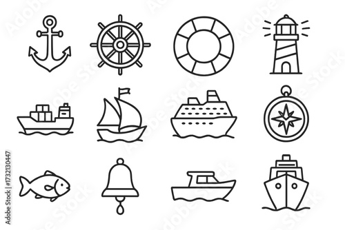 Sea and marine thin line icon set. Sailing, boating, and nautical travel concept symbols. Vector outline graphics. Anchor, ship helm, lighthouse, boat, cruise, compass signs.