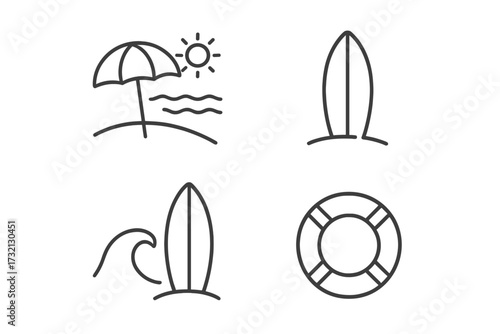 Summer beach vacation line icon set. Surfing, surfboard, and ocean wave symbol. Sun, umbrella, and sea sand pictogram. Lifebuoy for safety and rescue. Simple travel outline icons.